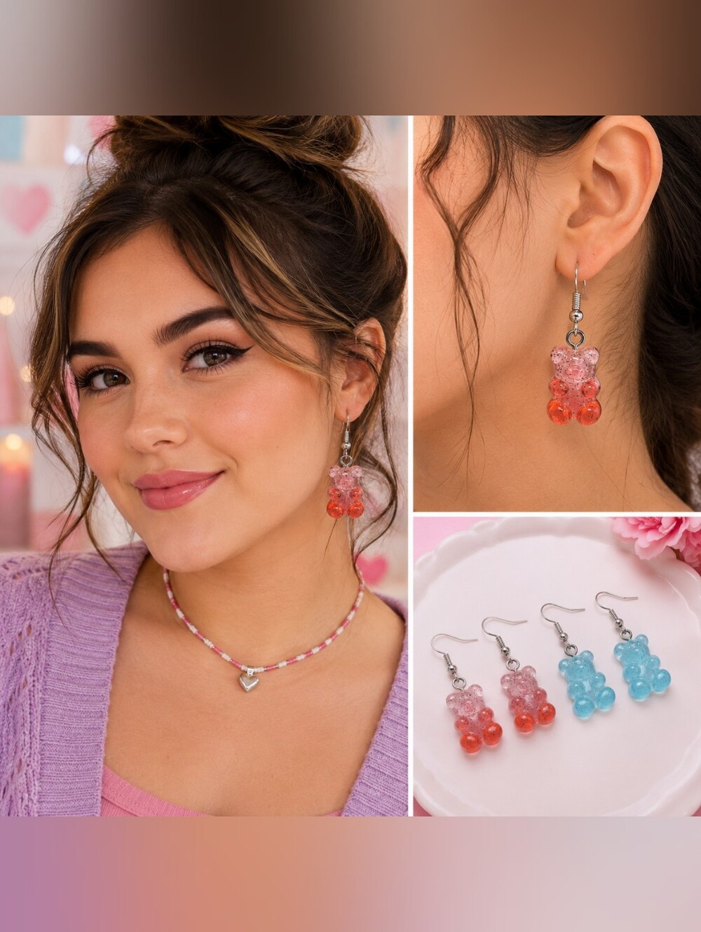Lot of 2 Pairs Gummy Bear Dangle Earrings Pink/Orange & Blue Kawaii Fish Hook